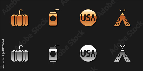Set Pumpkin, Soda can with straw, USA label and Indian teepee or wigwam icon. Vector.