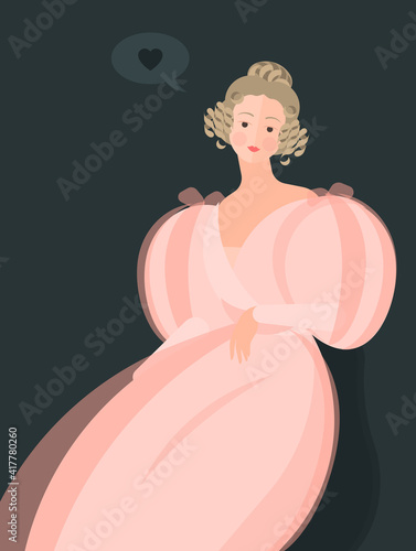 A girl in a fluffy 18-19 century pink dress with large sleeves. Cute curls on the head. Noble portrait. Bubble with a heart. Colorful vector illustration in flat cartoon style.