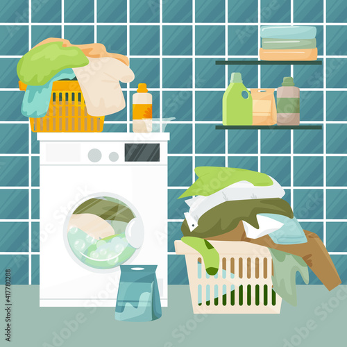 Home laundry concept. There is a washing machine with laundry baskets, detergent and towels. Washing and cleaning concept. Flat vector illustration.