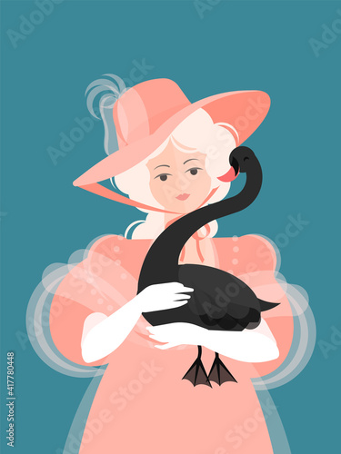 A girl in a hat and a pink fluffy dress of the 18-19th century stands and holds a black swan in her hands. Cute portrait. Colorful vector illustration in flat cartoon style.