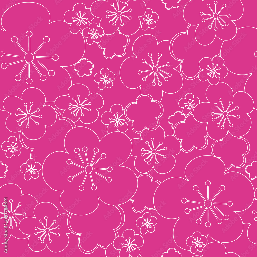 Vector pink seamless background white blossoming cherry flower sakura. White contour lines and strokes. Seamless pattern background