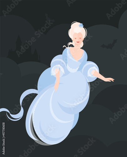 A vampire girl in a blue fluffy dress of the 18-19th century soars in the air. Hair is developing. Dracula's castle in the background. Colorful vector illustration in flat cartoon style.