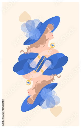 Postcard with Queen in blue fluffy dress and a big hat with feathers of the 18-19th century. Colorful vector illustration in flat cartoon style.