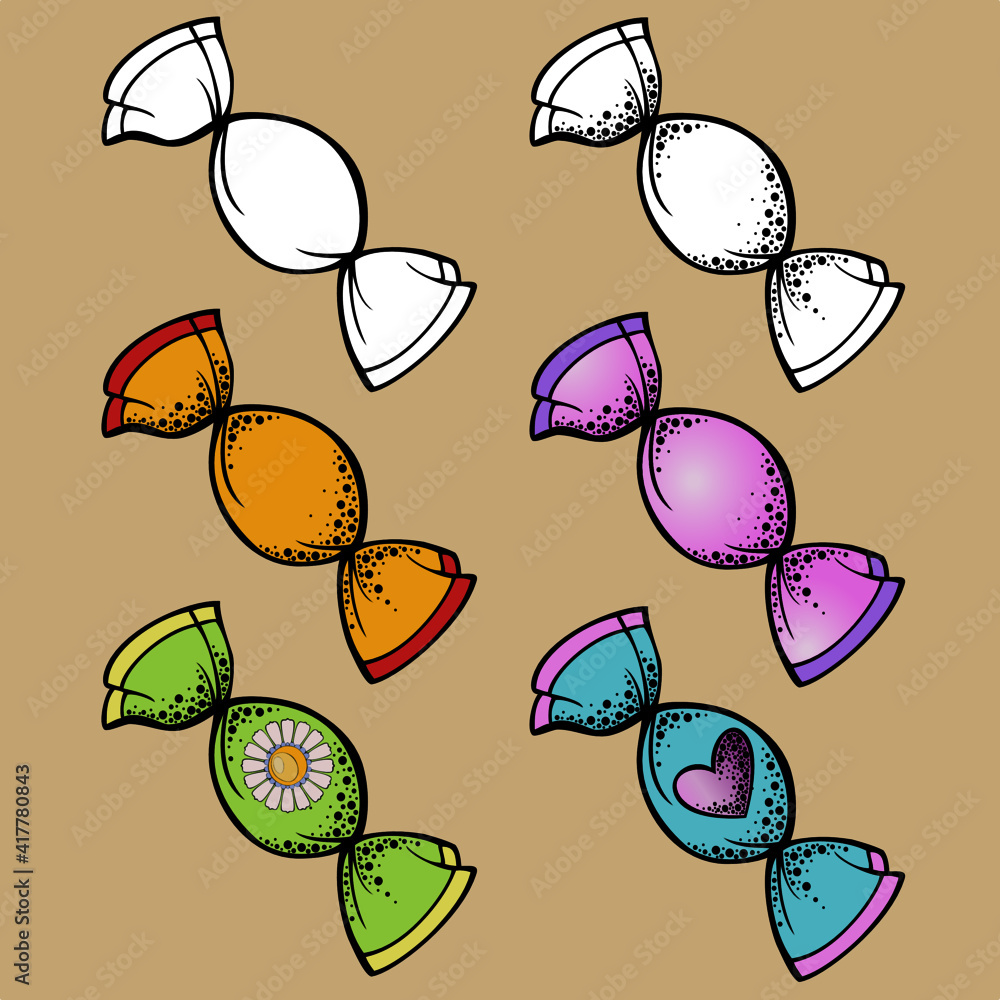 Vector illustration, Set of Round candy wrapper in black and white and