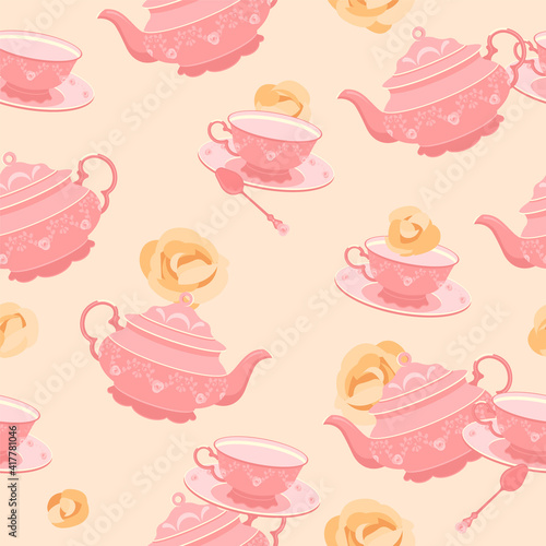 he pattern is seamless. 18th century pink tea cup and teapot. Against the background of yellow roses. Colorful vector illustration in flat style.