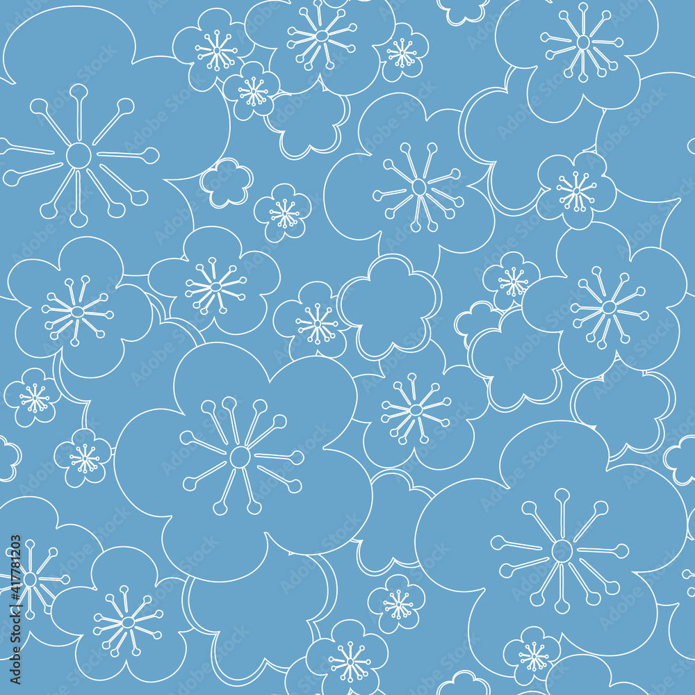 Vector pastel blue seamless background white blossoming cherry flower sakura. White contour lines and strokes. Seamless pattern background