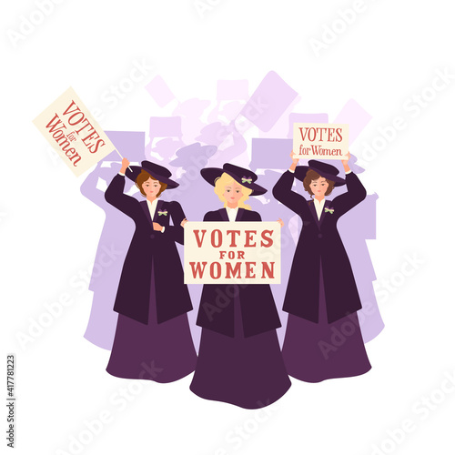 Three suffragettes in a coat and a hat lead the crowd with a "Rights for Women" poster from the 1920s. The ribbon is white, green and purple. Solidarity and strength. Vector flat illustration.