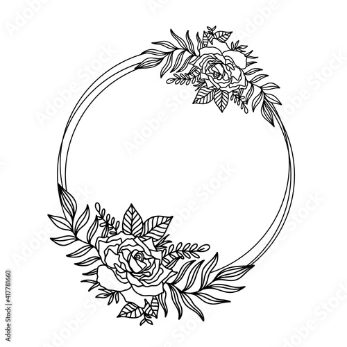 Flower frame outline double round.Floral circle border botanical drawing style.