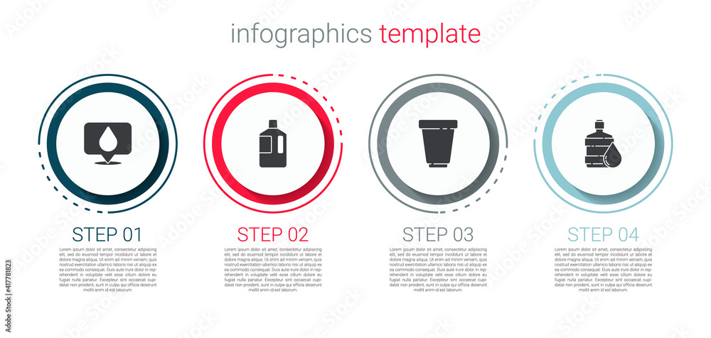 Set Water drop with location, Big bottle clean water, filter cartridge and . Business infographic template. Vector.