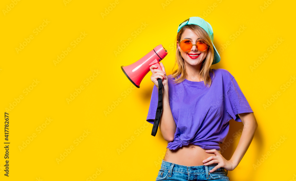 girl in purple clothes with pink megaphone girl in purple clothes with pink megaphone