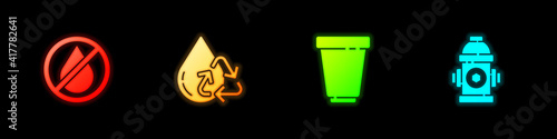Set Water drop forbidden, Recycle clean aqua, filter cartridge and Fire hydrant icon. Vector.
