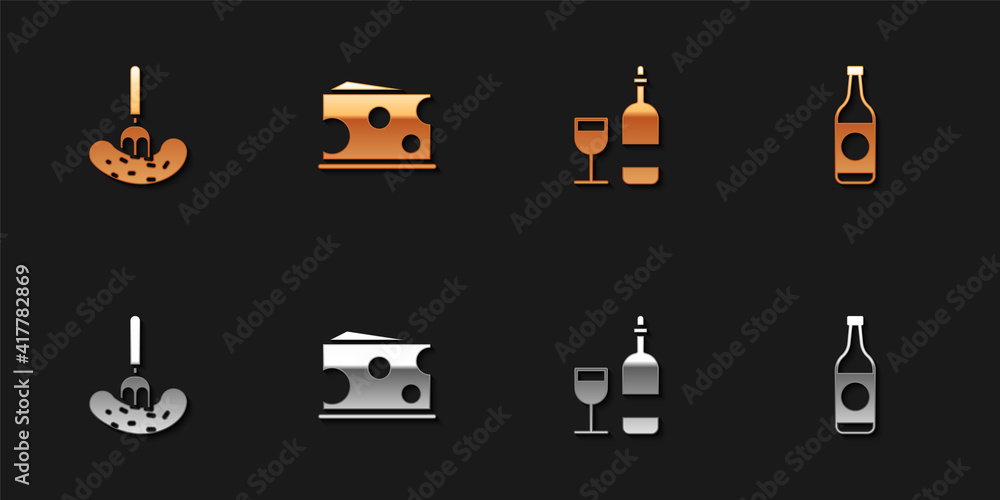 Set Pickled cucumber on a fork, Cheese, Wine bottle with glass and Beer icon. Vector. Set Pickled cucumber on a fork, Cheese, Wine bottle with glass and Beer icon. Vector.