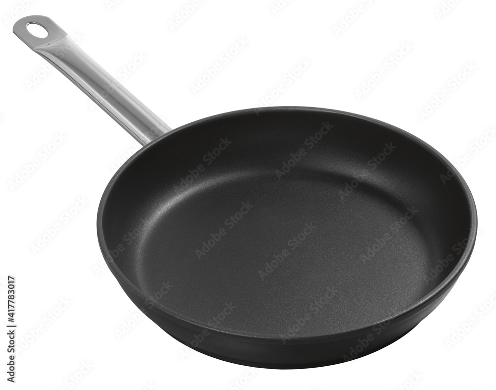 Large metal frying pan, image is taken over a white background Large metal frying pan, image is taken over a white background