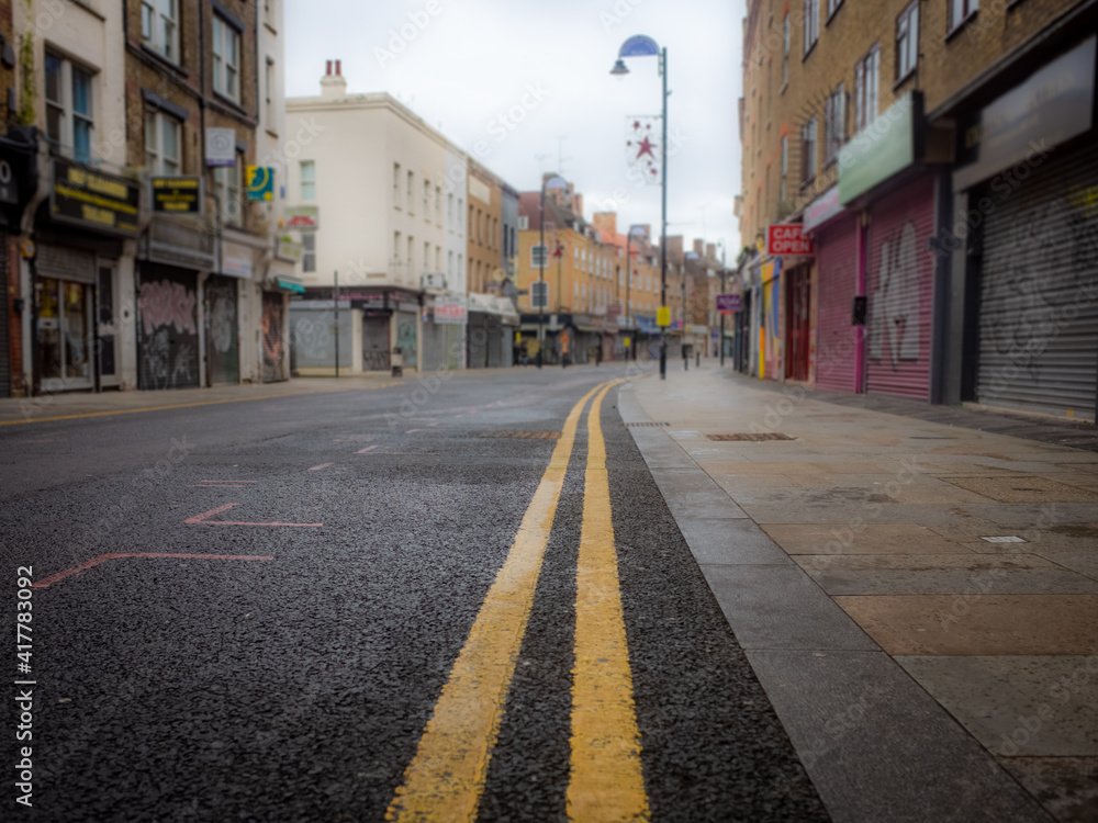 London- Closed shops on empty high street in the city of London during the Coronavirus lockdown