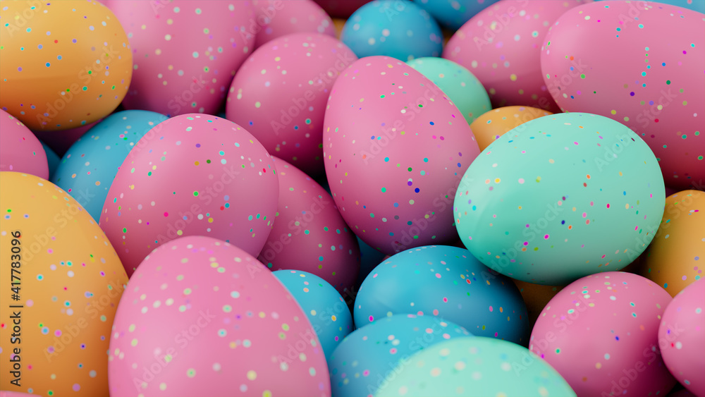 Multicolored Easter Egg background. Beautiful Easter Wallpaper with, speckled Orange, Pink and Turquoise Eggs. 3D Render Multicolored Easter Egg background. Beautiful Easter Wallpaper with, speckled Orange, Pink and Turquoise Eggs. 3D Render
