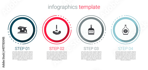 Set Cheese, Pickled cucumber on a fork, Alcohol drink Rum bottle and Bottle of cognac brandy. Business infographic template. Vector.