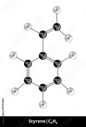 Vector ball-and-stick model of organic molecule styrene, vinylbenzene C8H8. Structural formula consisting of hydrogen and carbon. Monomer, a precursor to polystyrene PS. The icon is isolated on white.
