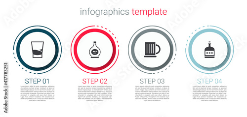 Set Glass of vodka, Bottle cognac or brandy, Wooden beer mug and Alcohol drink Rum bottle. Business infographic template. Vector.