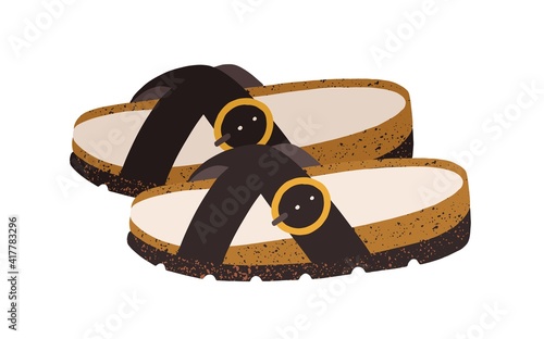 Women's trendy flat sandals. Summer backless shoes with crossed straps, pin buckle and cozy footbed. Colored flat vector illustration of modern fashion footwear isolated on white background