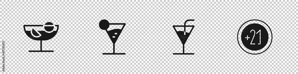 Set Cocktail, Martini glass, and Alcohol 21 plus icon. Vector. Set Cocktail, Martini glass, and Alcohol 21 plus icon. Vector.