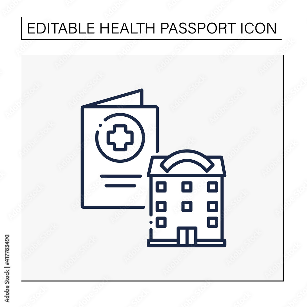 Health passport line icon. Necessary document about health status. Vaccinated card. Necessarily in government place, school and bank.Covid19 concept. Isolated vector illustration.Editable stroke Health passport line icon. Necessary document about health status. Vaccinated card. Necessarily in government place, school and bank.Covid19 concept. Isolated vector illustration.Editable stroke