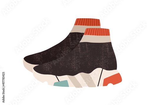 Women's trendy high-top sock-like knitted sneakers with platform sole. Side view of fashion sports footwear. Colored flat vector illustration of stylish laceless shoes isolated on white background