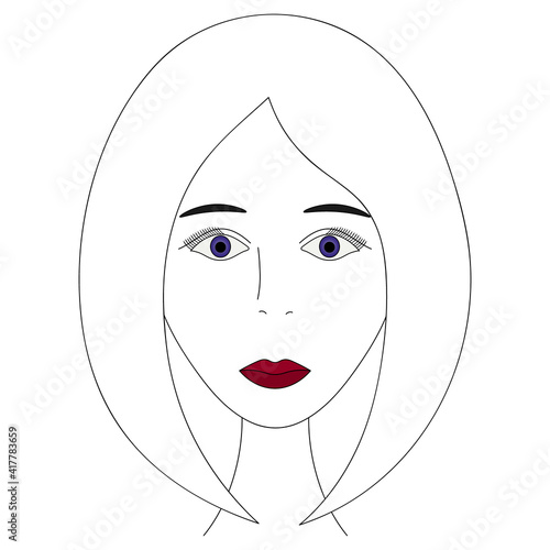 Womans face. Sketch. The head of the girl in full face. Vector illustration. Classic bob hairstyle. Nice lady with violet eyes. Long eyelashes. Black eyebrows. Lips are painted with scarlet lipstick. 