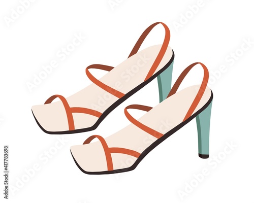 Women's fashion high-heel naked sandals with square toe and thin straps. Trendy fashionable summer footwear. Colored flat vector illustration of stylish shoes isolated on white background