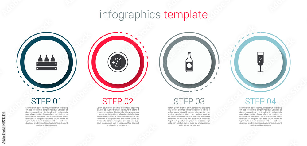 Set Bottles of wine in a wooden box, Alcohol 21 plus, Beer bottle and Glass champagne. Business infographic template. Vector.
