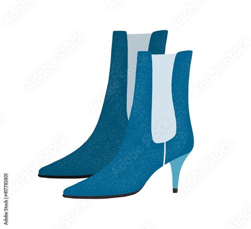 Fashion women's cone-heeled suede boots with elastic fabric tab. Modern trendy footwear. Colored flat vector illustration of stylish shoes isolated on white background