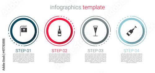 Set Street signboard with Bar, Champagne bottle, Glass of champagne and Opened wine. Business infographic template. Vector.