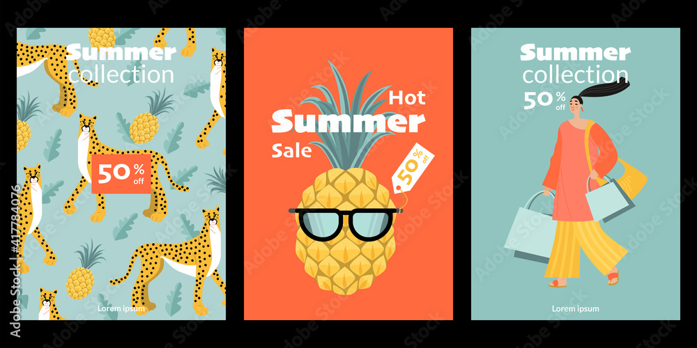 Set of vector summer sale invitation card or flyer templates with funny cartoon people, animals and plants characters.