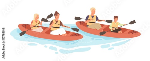 Tableau sur toile Happy active family with kids rafting on kayak or canoe along river in summer