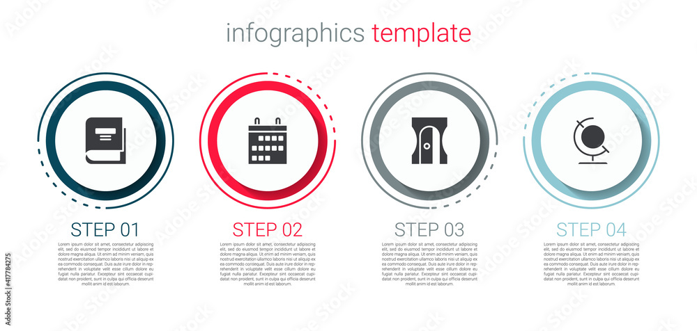 Set Book, Calendar, Pencil sharpener and Earth globe. Business infographic template. Vector. Set Book, Calendar, Pencil sharpener and Earth globe. Business infographic template. Vector.