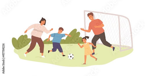 Happy active family playing football or soccer outdoors. Kids and parents spending time together in summer. Colored flat vector illustration of sports game isolated on white background
