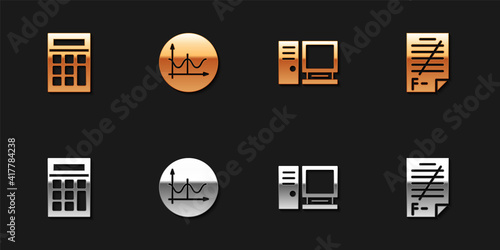Set Calculator, Graph, schedule, chart, diagram, Computer monitor and Exam paper with incorrect answers icon. Vector.