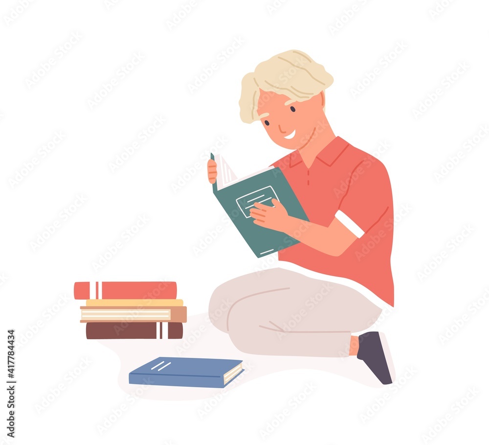 Happy smiling boy sitting with open book in hands and reading it. Kid with stack of textbooks for learning. Colored flat cartoon vector illustration of smart child isolated on white background Happy smiling boy sitting with open book in hands and reading it. Kid with stack of textbooks for learning. Colored flat cartoon vector illustration of smart child isolated on white background