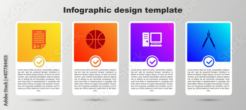 Set Exam sheet with A plus grade, Basketball ball, Computer monitor and Drawing compass. Business infographic template. Vector.