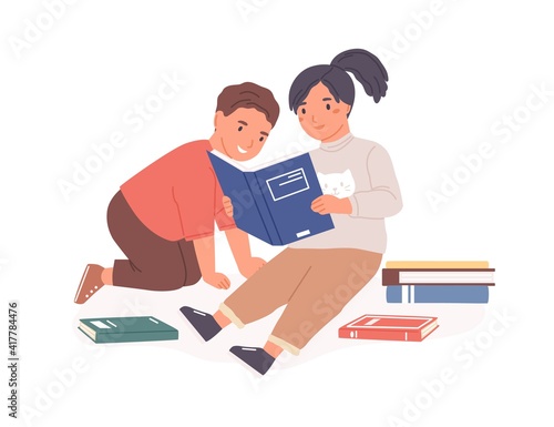 Happy kids sitting and reading books together. Smart children learning from textbooks in library or at home. Colored flat cartoon vector illustration of boy and girl isolated on white background