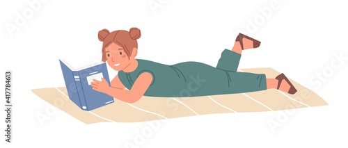 Happy girl lying on carpet and reading book. Smiling child learning from textbook. Colored graphic flat vector illustration of cheerful kid with literature isolated on white background