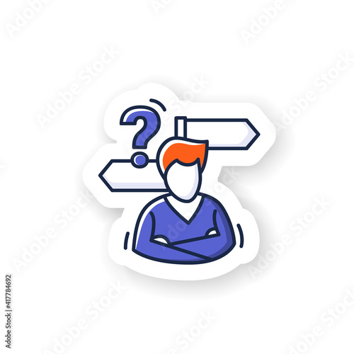 Decision making sticker. Person avatar with two road signs and question badge for designs. Concept of mind concentration difficulties, deciding trouble vector emblem
