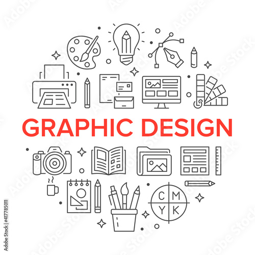 Graphic design circle poster with line icons. Vector illustration included icon as bulp, pencil, paintbrush, palette, printer, photo camera outline pictogram for drawing typography flyer or brochure