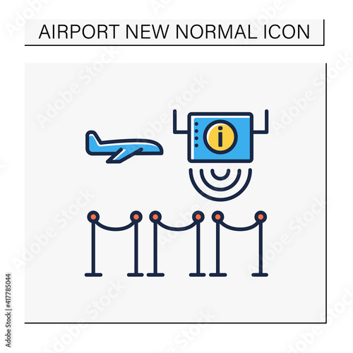 Information dissemination color icon. Information through loudspeakers at boarding room about social distance, disinfection, masks. Airport new normal concept. Isolated vector illustration