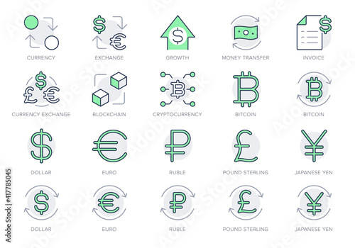 Finance currency exchange simple line icons. Vector illustration with minimal icon - euro, dollar, transfer, invoice, pound, sterling, cryptocurrency pictogram. Green Color, Editable Stroke