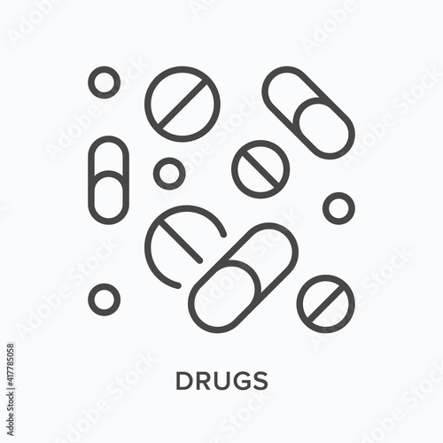 Drugs flat line icon. Vector outline illustration of capsule and pill. Black thin linear pictogram for medication