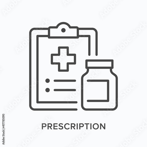Prescription flat line icon. Vector outline illustration of document and pharmacy bottle. Black thin linear pictogram for medication