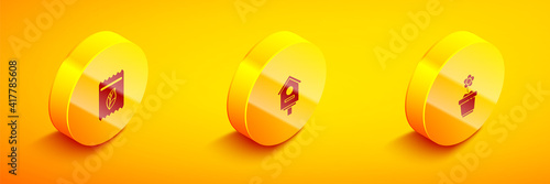 Set Isometric Pack full of seeds of plant, Bird house and Flower in pot icon. Vector.