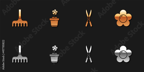 Set Garden rake, Flower in pot, Gardening handmade scissors and icon. Vector.