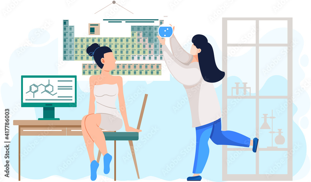Naklejka Lady in lab coat points to periodic table on background. Girl in white dress or swimsuit looks at scientist. Woman in underwear after bath or sauna sit in laboratory. People communicate at work