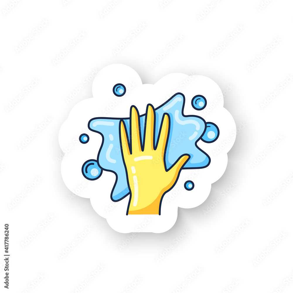 Obraz premium Foaming sticker icon. Soaping, wiping. Housekeeper hand in glove, whipping foam pictogram. Wet cleaning badge for designs. Housekeeping and surface disinfection vector emblem
